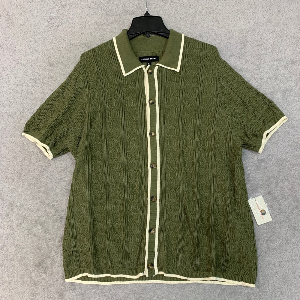 NWT Lucky Brand Knit Cardigan Polo Mens XL Olive Cotton Blend Short Sleeve